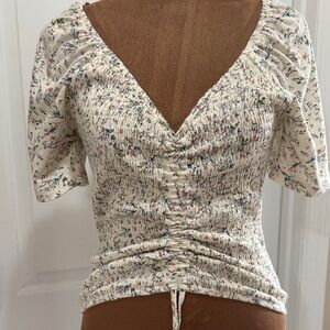 Y2K Cream Floral Ruched Blouse with Adjustable Drawstring Front Tie to Crop